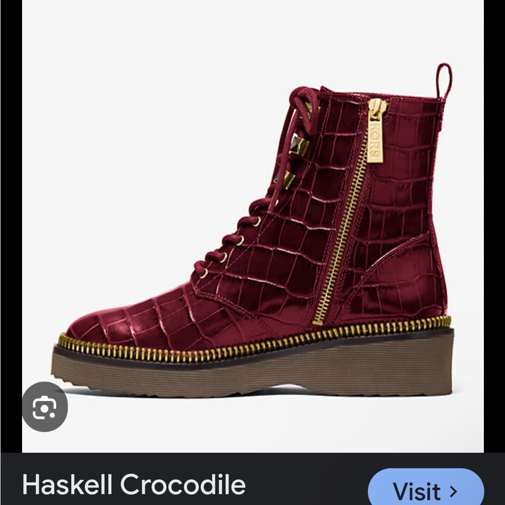 Michael Kors Women's Red Croc-Embossed Combat Boots - Picture 5 of 6